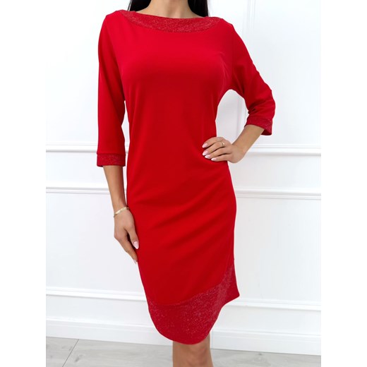 Czerwona Elegancka Sukienka z Ozdobnym Dekoltem ze sklepu ModnaKiecka.pl w kategorii Sukienki - zdjęcie 187387653