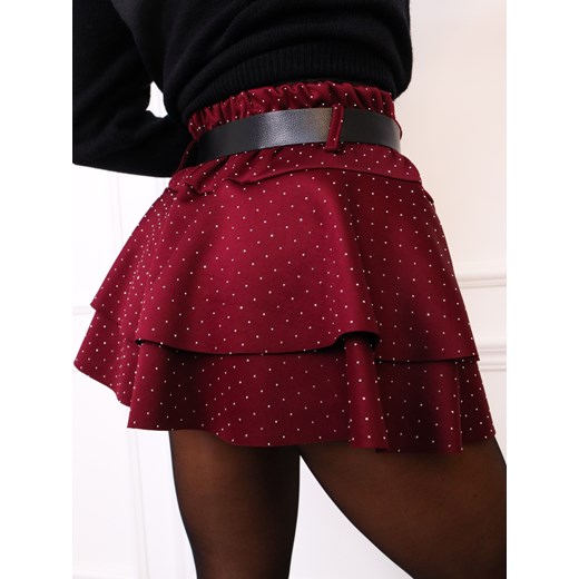 SPÓDNICZKA Z UKRYTYMI SZORTAMI ZDOBIONA CYRKONIAMI+ PASEK- BORDOWA Olika uniwersalny olika.com.pl