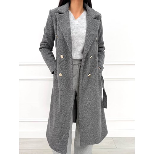 Grafitowy Płaszcz z Guzikami i Paskiem ze sklepu ModnaKiecka.pl w kategorii Płaszcze damskie - zdjęcie 187389830