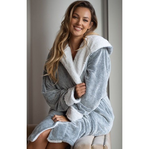 Unikat szlafrok damski z kapturem szary Sharon, Kolor szaro-kremowy, Rozmiar S, Unikat ze sklepu Primodo w kategorii Szlafroki damskie - zdjęcie 187391680