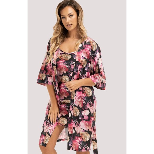 Unikat szlafrok damski w kwiatowy wzór Telma, Kolor czarno-różowy, Rozmiar S, Unikat ze sklepu Primodo w kategorii Szlafroki damskie - zdjęcie 187391682