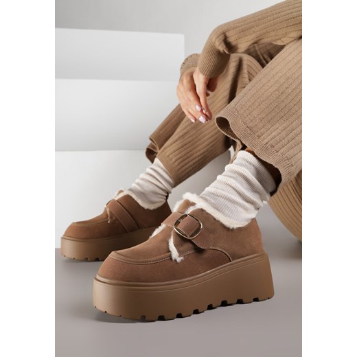 Brązowe Śniegowce na Grubej Podeszwie z Paskiem z Klamerką i Futerkiem Uwedina 41 born2be.pl