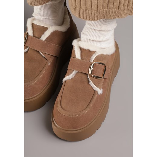 Brązowe Śniegowce na Grubej Podeszwie z Paskiem z Klamerką i Futerkiem Uwedina 36 born2be.pl