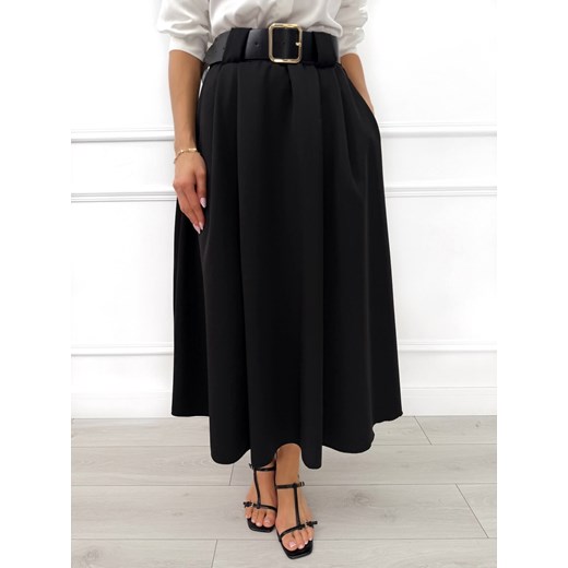 Czarna Rozkloszowana Spódnica Midi z Paskiem ze sklepu ModnaKiecka.pl w kategorii Spódnice - zdjęcie 187470162