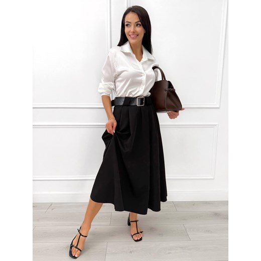 Czarna Rozkloszowana Spódnica Midi z Paskiem Modnakiecka.pl 44 ModnaKiecka.pl