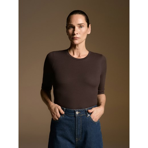 Reserved - T-shirt z mikromodalu - ciemnobrązowy ze sklepu Reserved w kategorii Bluzki damskie - zdjęcie 187470543
