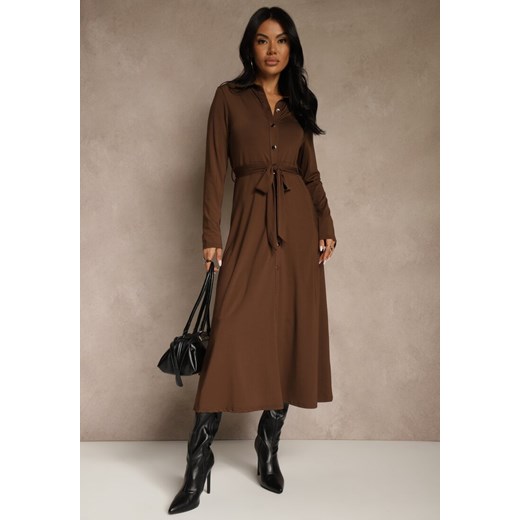 Brązowa Długa Sukienka Koszulowa z Wiązaniem w Talii Levae Renee M renee.pl