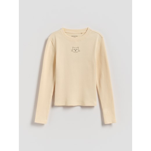 Reserved - Prążkowana bluzka z aplikacją - kremowy ze sklepu Reserved w kategorii Bluzki dziewczęce - zdjęcie 187472642