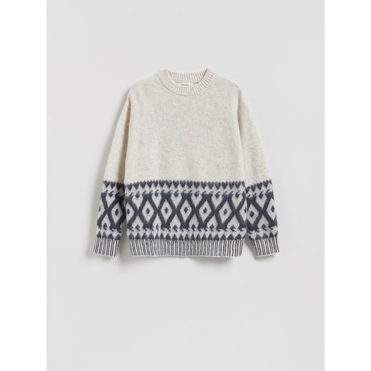 Reserved - Wzorzysty sweter z domieszką wełny - kremowy ze sklepu Reserved w kategorii Swetry męskie - zdjęcie 187472874