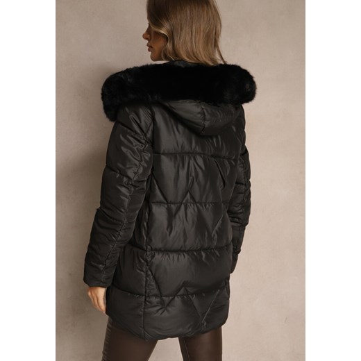Czarna Pudełkowa Kurtka z Pikowanymi Przeszyciami i Kapturem z Futerkiem Vebina Renee 2XL renee.pl