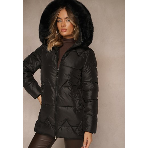Czarna Pudełkowa Kurtka z Pikowanymi Przeszyciami i Kapturem z Futerkiem Vebina Renee XL renee.pl