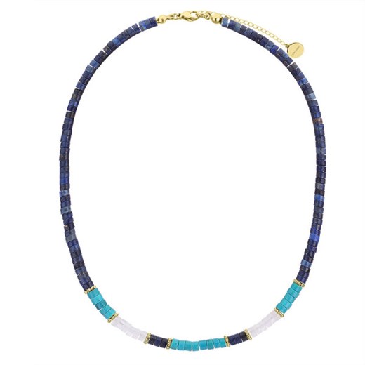 Złoty naszyjnik damski z lapisem lazuli, turkusem i kryształem górskim stal szlachetna ze sklepu manoki.pl w kategorii Naszyjniki - zdjęcie 187478530