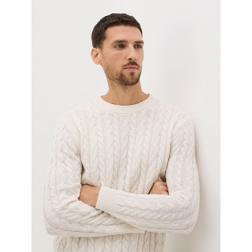 Reserved - Wełniany sweter o warkoczowym splocie - złamana biel ze sklepu Reserved w kategorii Swetry męskie - zdjęcie 187478870