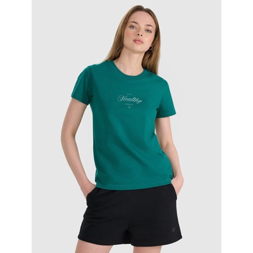 Damski t-shirt z nadrukiem 4F 4FRSS25TTSHF2780 - turkusowy ze sklepu Sportstylestory.com w kategorii Bluzki damskie - zdjęcie 187482781