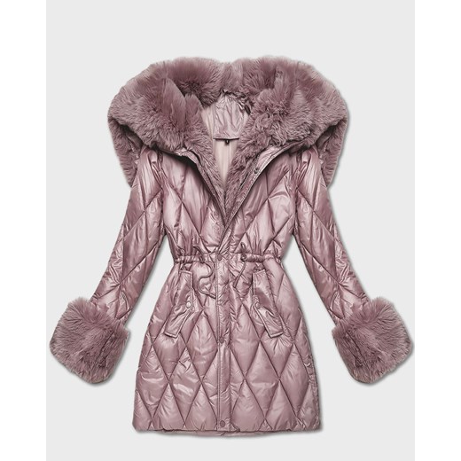 Kurtka z futrzanym kapturem tworzącym kołnierz różowa (T3-2635#-52) ze sklepu goodlookin.pl w kategorii Kurtki damskie - zdjęcie 187483612