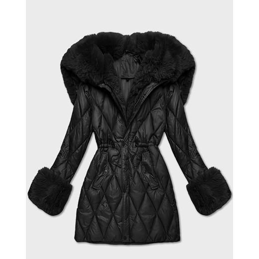 Kurtka z futrzanym kapturem tworzącym kołnierz czarna (T3-2635#-1) ze sklepu goodlookin.pl w kategorii Kurtki damskie - zdjęcie 187483613