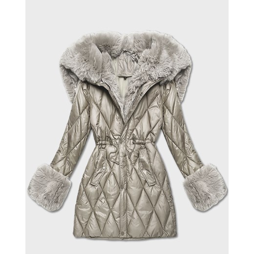 Kurtka z futrzanym kapturem tworzącym kołnierz beżowa (T3-2635#-62) ze sklepu goodlookin.pl w kategorii Kurtki damskie - zdjęcie 187483614