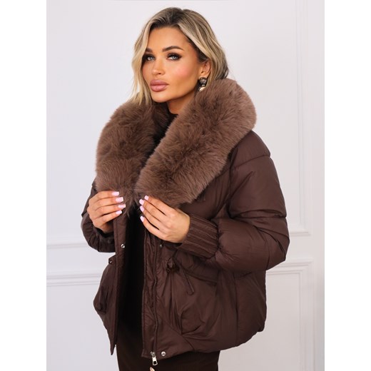 KURTKA ZIMOWA ZAPINANA NA ZAMEK I GUZIKI Z FUTERKIEM- CZEKOLADOWA ze sklepu olika.com.pl w kategorii Kurtki damskie - zdjęcie 187483953