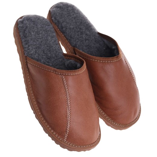 Skórzane kapcie męskie z wełną Brązowe /G8-1 18468 S197/ ze sklepu Pantofelek24.pl w kategorii Kapcie męskie - zdjęcie 187484982