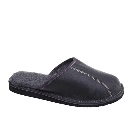 Skórzane kapcie męskie z wełną Szare /D8-1 18467 S197/ ze sklepu Pantofelek24.pl w kategorii Kapcie męskie - zdjęcie 187485001