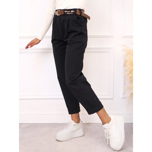 SPODNIE MATERIAŁOWE Z NASZYWKĄ+ PASEK- CZARNE ze sklepu olika.com.pl w kategorii Spodnie damskie - zdjęcie 187485092