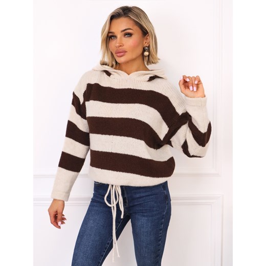 SWETER W PASKI Z KAPTUREM I ŚCIĄGACZEM NA DOLE- BRĄZOWY ze sklepu olika.com.pl w kategorii Swetry damskie - zdjęcie 187485094