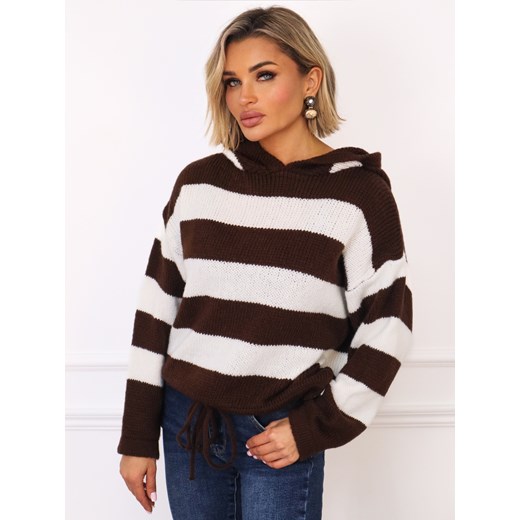 SWETER W PASKI Z KAPTUREM I ŚCIĄGACZEM NA DOLE- CZEKOLADOWY ze sklepu olika.com.pl w kategorii Swetry damskie - zdjęcie 187485122