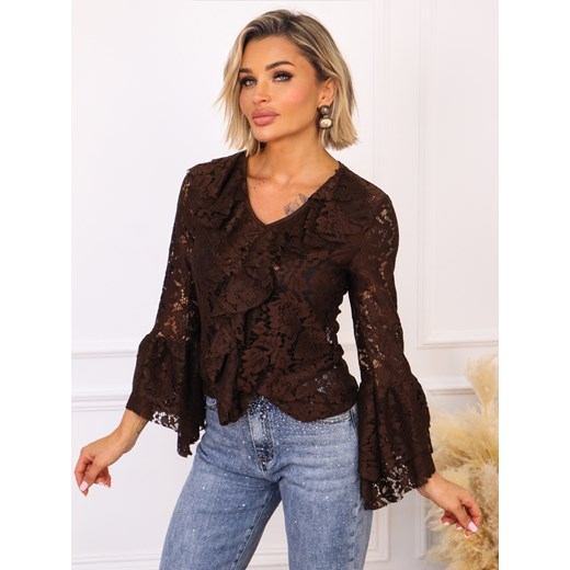 BLUZKA KORONKOWA Z FALBANAMI- CZEKOLADOWA ze sklepu olika.com.pl w kategorii Bluzki damskie - zdjęcie 187485140