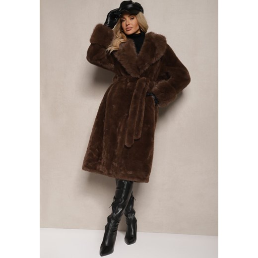 Brązowy Futrzany Płaszcz z Wiązanym Paskiem Ozdobnym Kołnierzem i Mankietami Viaressa ze sklepu renee.pl w kategorii Futra damskie - zdjęcie 187486012