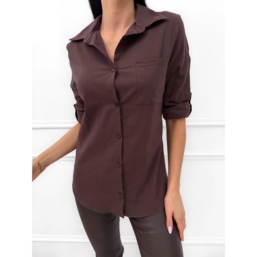Czekoladowa Damska Koszula Slim ze sklepu ModnaKiecka.pl w kategorii Koszule damskie - zdjęcie 187486280