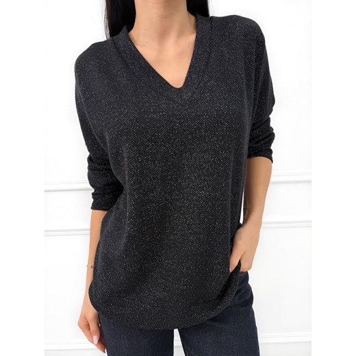 Czarna Sweterkowa Bluzka z Połyskującą Nitką Modnakiecka.pl 44 ModnaKiecka.pl