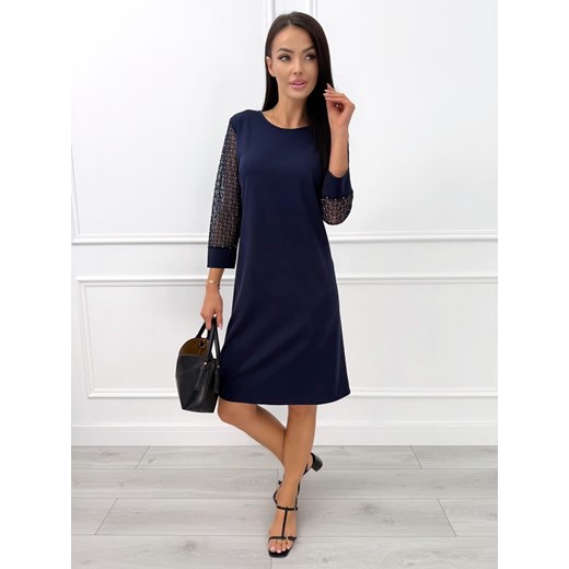 Granatowa Klasyczna Sukienka z Ozdobnym Rękawem ze sklepu ModnaKiecka.pl w kategorii Sukienki - zdjęcie 187486300