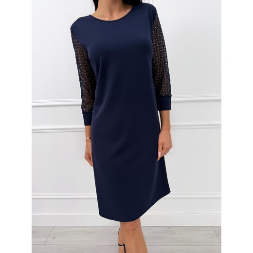 Granatowa Klasyczna Sukienka z Ozdobnym Rękawem Modnakiecka.pl 46 ModnaKiecka.pl