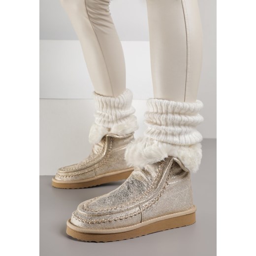 Złote Wsuwane Śniegowce z Futerkiem i Metalicznym Połyskiem Vetirena ze sklepu born2be.pl w kategorii Śniegowce damskie - zdjęcie 187486941