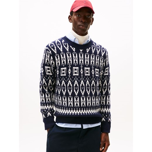 Tommy Hilfiger Męski wełniany sweter Mężczyźni Wełna granatowy wzorzysty ze sklepu vangraaf w kategorii Swetry męskie - zdjęcie 187491711