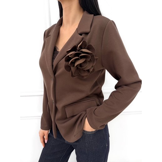 Czekoladowa Marynarka z Ozdobną Broszką ze sklepu ModnaKiecka.pl w kategorii Marynarki damskie - zdjęcie 187492174