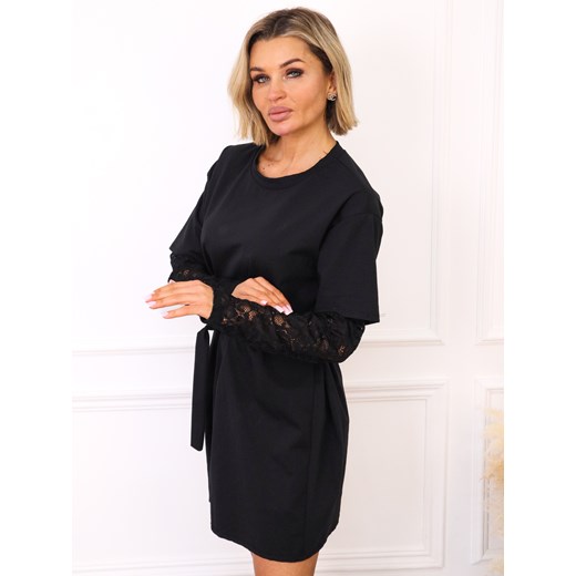 SUKIENKA Z WIĄZANIEM W PASIE I KORONKOWYMI RĘKAWAMI- CZARNA Olika uniwersalny olika.com.pl