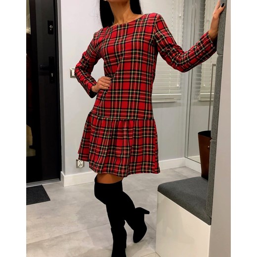 Czerwona Sukienka w Kratę ze sklepu ModnaKiecka.pl w kategorii Sukienki - zdjęcie 187495534