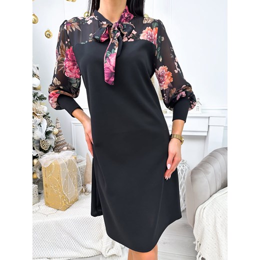Czarna Sukienka ze Wstawką w Kwiaty ze sklepu ModnaKiecka.pl w kategorii Sukienki - zdjęcie 187496194