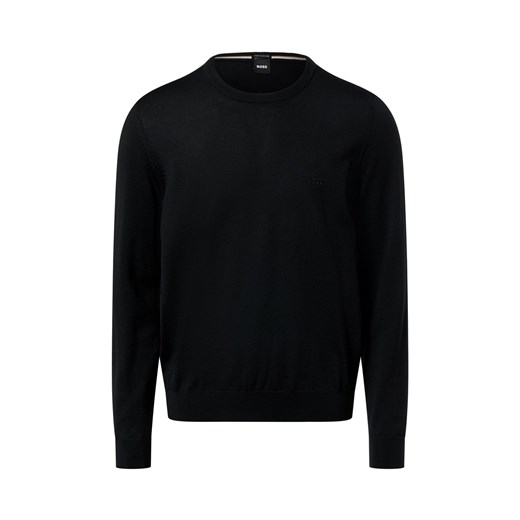 BOSS Męski sweter z wełny dziewiczej - Botto Mężczyźni wełna ze strzyży czarny jednolity ze sklepu vangraaf w kategorii Swetry męskie - zdjęcie 187496414