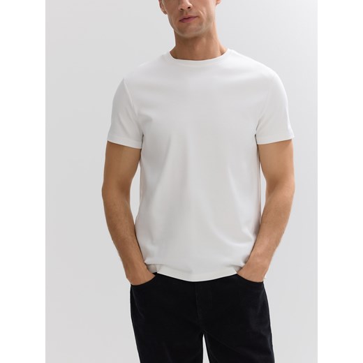 Reserved - T-shirt slim z bawełny merceryzowanej - złamana biel ze sklepu Reserved w kategorii T-shirty męskie - zdjęcie 187496924