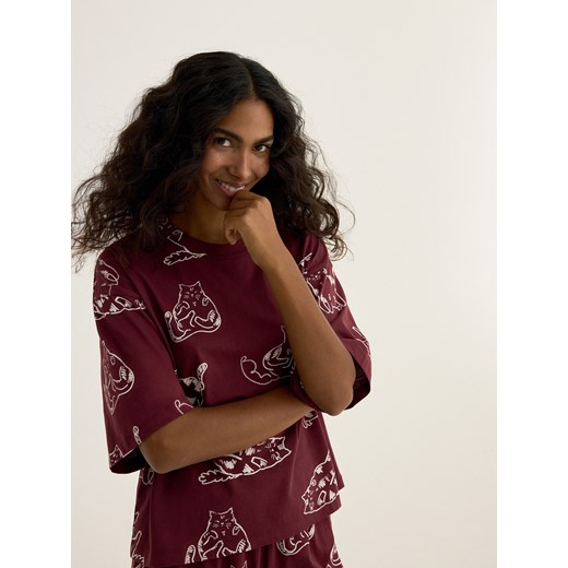 Reserved - Dwuczęściowa piżama w koty - mahoniowy ze sklepu Reserved w kategorii Piżamy damskie - zdjęcie 187497611