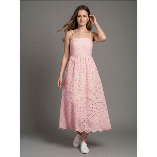 Sinsay - Bawełniana ażurowa sukienka midi - różowy ze sklepu Sinsay w kategorii Sukienki - zdjęcie 187500470