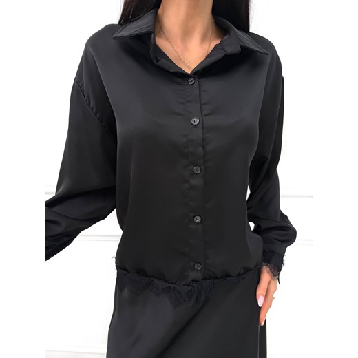 Czarna Satynowa Koszula z Koronką ze sklepu ModnaKiecka.pl w kategorii Koszule damskie - zdjęcie 187501044