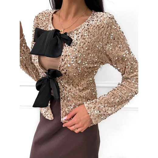 Beżowa Cekinowa Bluzka Narzutka z Wiązaniem Modnakiecka.pl 44 ModnaKiecka.pl