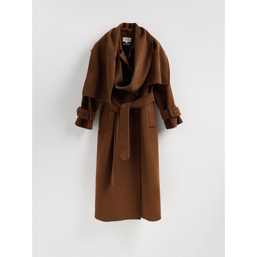 Reserved - Wełniany płaszcz z szalem - brązowy ze sklepu Reserved w kategorii Płaszcze damskie - zdjęcie 187502532