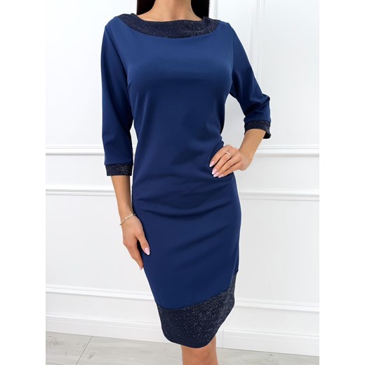 Granatowa Elegancka Sukienka z Ozdobnym Dekoltem ze sklepu ModnaKiecka.pl w kategorii Sukienki - zdjęcie 187508432