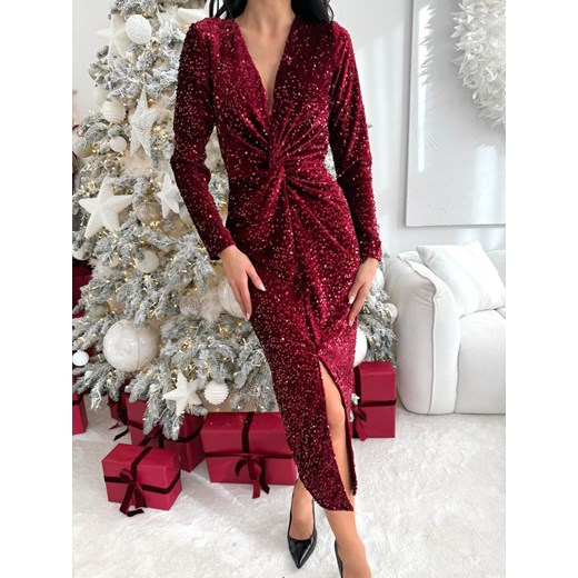 Bordowa Cekinowa Sukienka z Rozporkiem ze sklepu ModnaKiecka.pl w kategorii Sukienki - zdjęcie 187508454