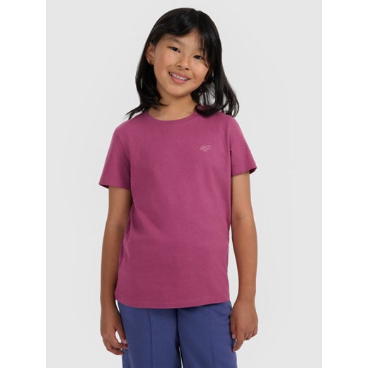 Dziewczęcy t-shirt bez nadruku 4F 4FJRAW25TTSHF3233 - fioletowy ze sklepu Sportstylestory.com w kategorii Bluzki dziewczęce - zdjęcie 187509164