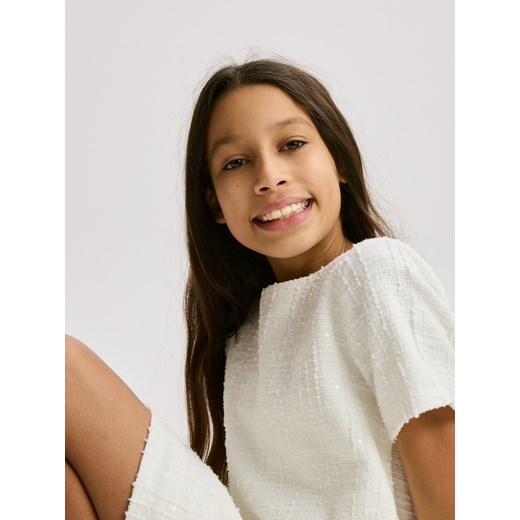 Reserved - Tweedowa sukienka z cekinami - złamana biel ze sklepu Reserved w kategorii Sukienki dziewczęce - zdjęcie 187510392